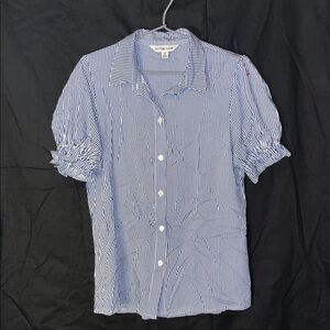 La Mer Blue & White Pinstripe Short-Sleeve Button Blouse